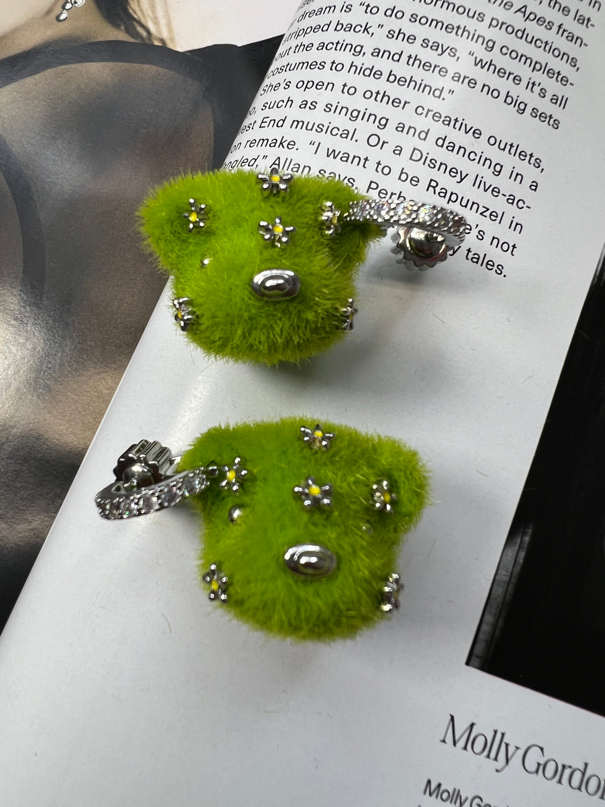 Green Bear Flocked Earring